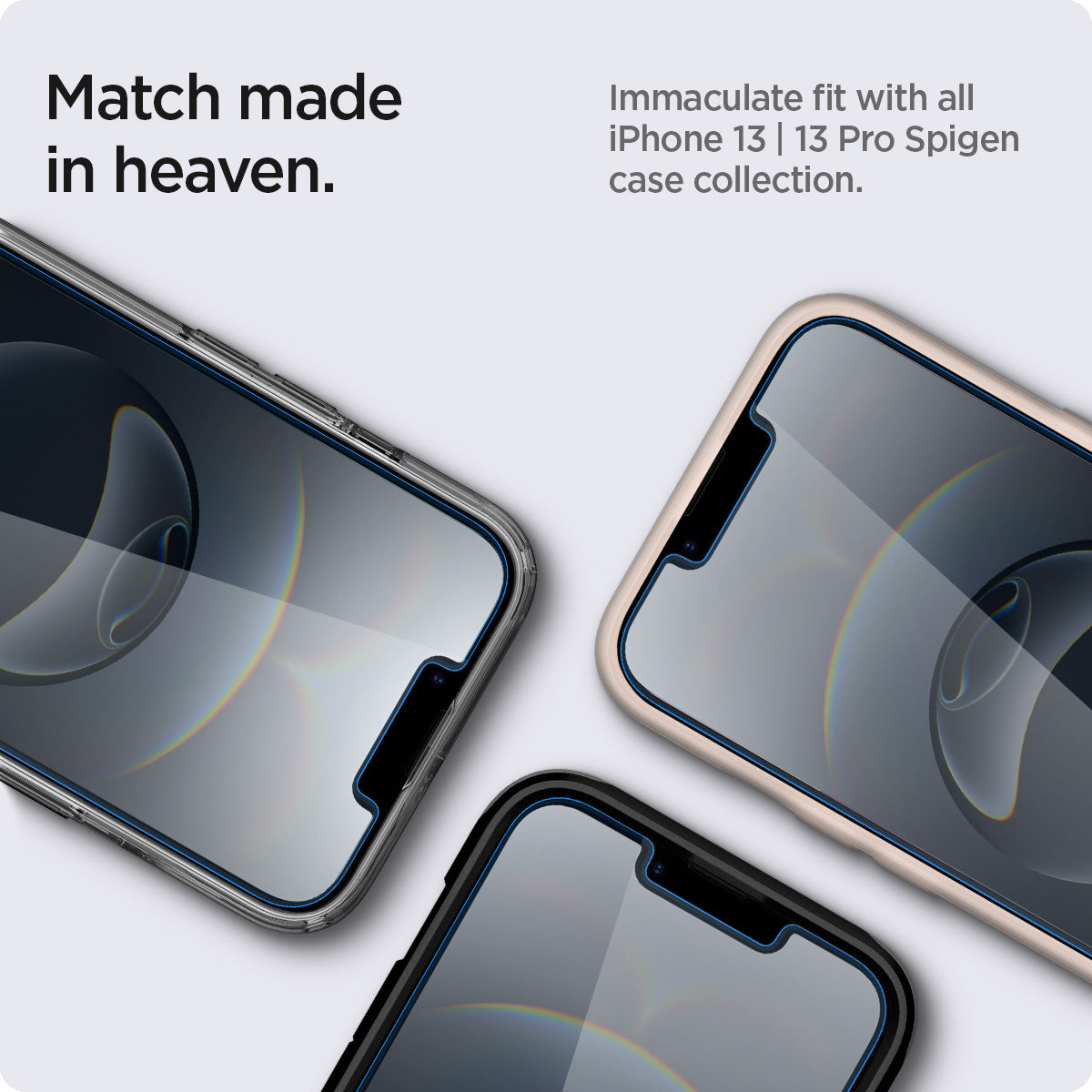 AGL03385 - iPhone 16e Plus Screen Protector EZ FIT GLAS.tR SLIM showing the match made in heaven. Immaculate fit with all iPhone 13 | 13 Pro Spigen case collection