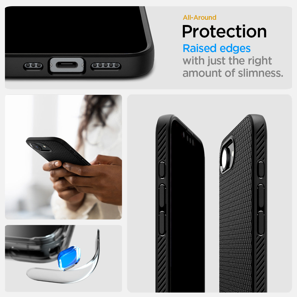 ACS09151 - iPhone 16e Case Liquid Air (MagFit) in Matte Black showing the all-around protection. Raised edges with just the right amount of slimness