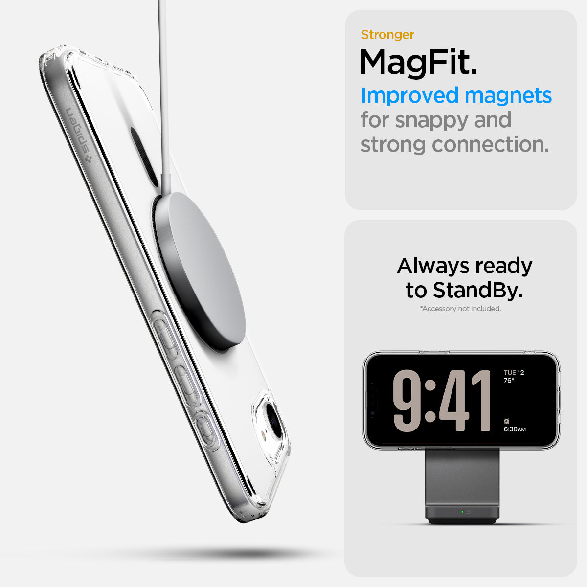 ACS09140 - iPhone 16e Case Ultra Hybrid (MagFit) in Carbon Fiber showing the stronger MagFit. Improved magnets for snappy and strong connection. Always ready to StandBy
