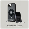 ACS09146 - iPhone 16e Case Ultra Hybrid Classic (MagFit) in Classic Black showing the back and partial side of the device with the case on and the ipod 