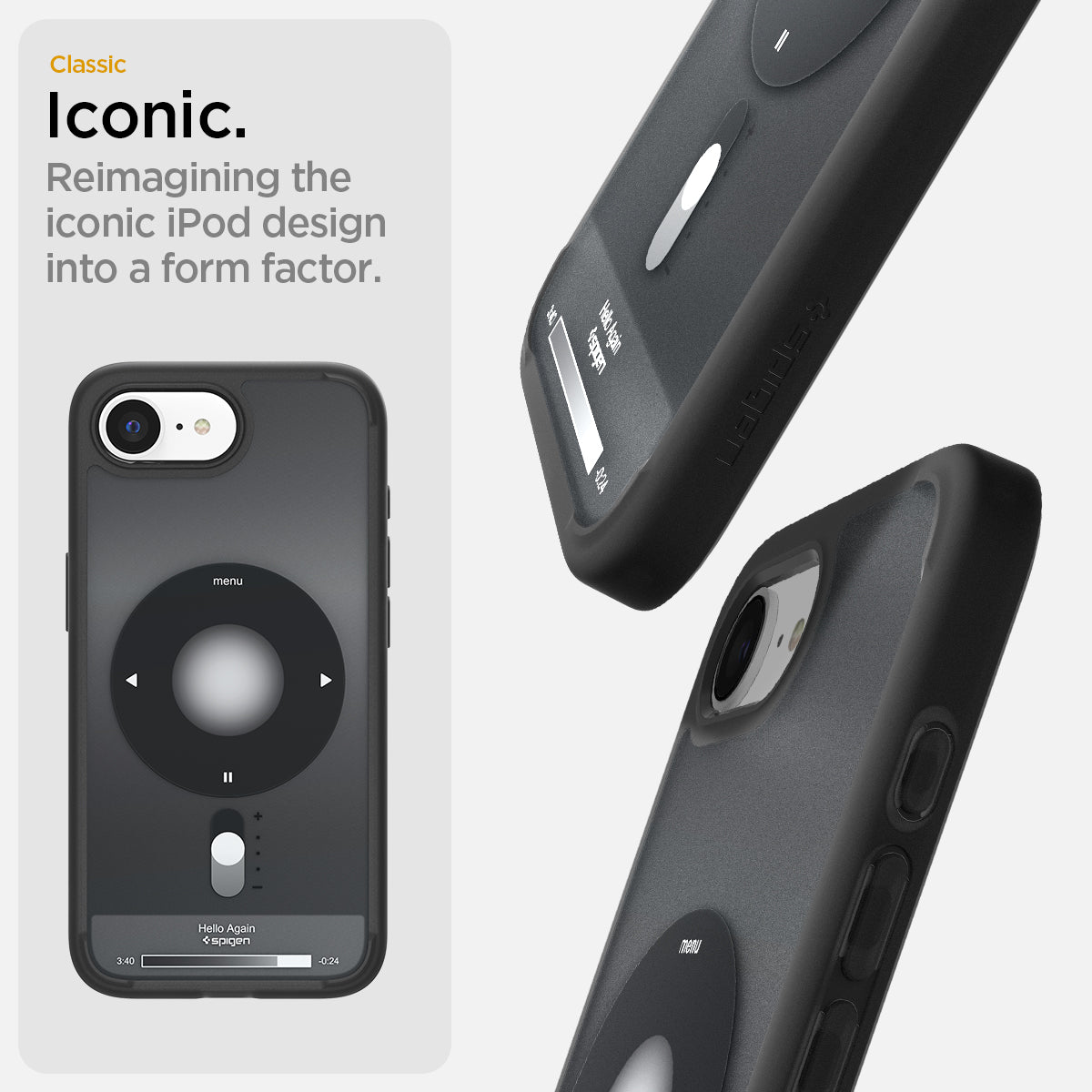 ACS09146 - iPhone 16e Case Ultra Hybrid Classic (MagFit) in Classic Black showing the classic Iconic. Remaining the iconic iPod design into a form factor