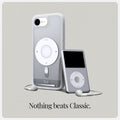 ACS09147 - iPhone 16e Case Ultra Hybrid Classic (MagFit) in Classic Silver showing the back and partial side of the device with the case on and the ipod 