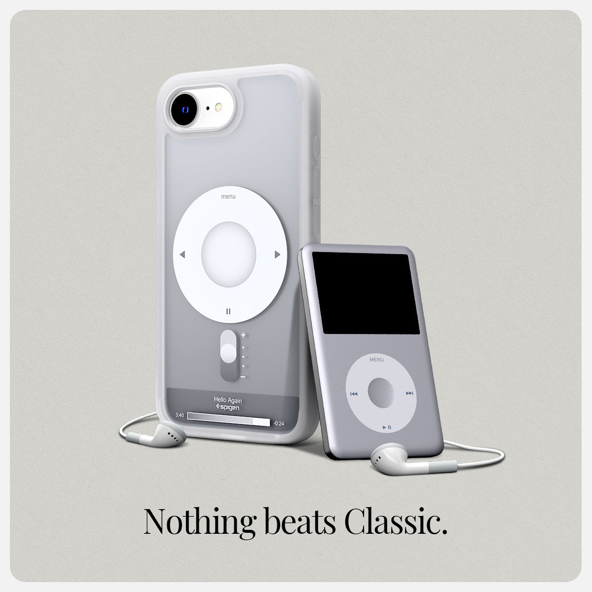 ACS09147 - iPhone 16e Case Ultra Hybrid Classic (MagFit) in Classic Silver showing the back and partial side of the device with the case on and the ipod 