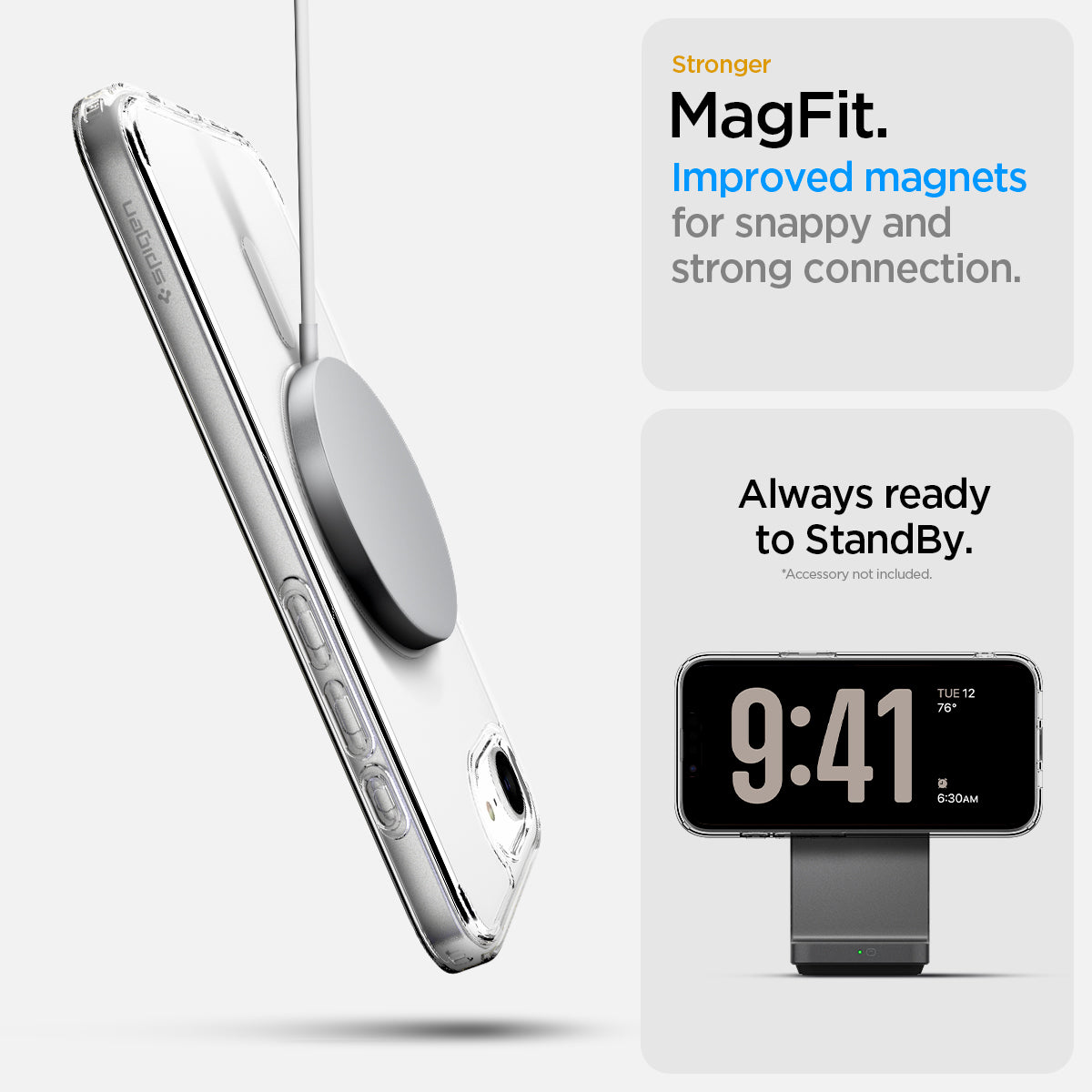 ACS09139 - iPhone 16e Case Ultra Hybrid (MagFit) in Clear White showing the stronger MagFit. Improved magnets for snappy and strong connection. Always ready to StandBy