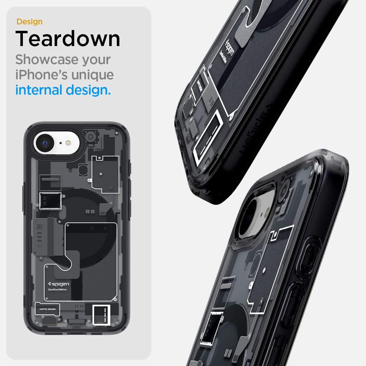 ACS09141 - iPhone 16e Case Ultra Hybrid Zero One (MagFit) in Zero One showing the design teardown. Showcase your iPhone's unique internal design