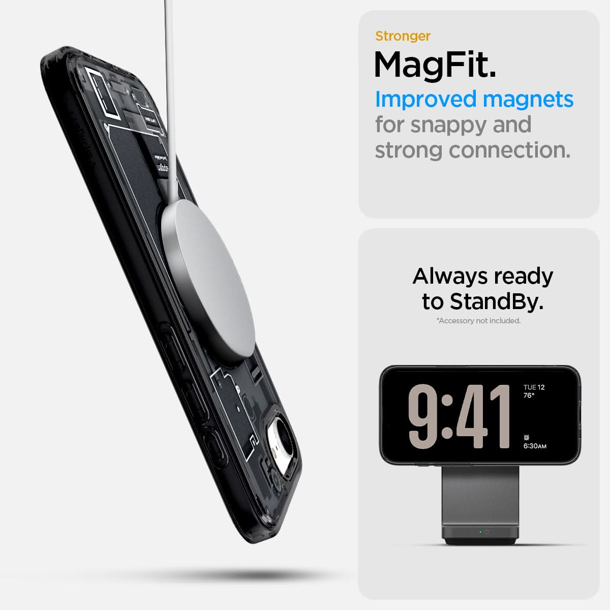 ACS09141 - iPhone 16e Case Ultra Hybrid Zero One (MagFit) in Zero One showing the stronger MagFit. Improved magnets for snappy and strong connection. Always ready to standby