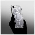 ACS09142 - iPhone 16e Case Ultra Hybrid Zero One (MagFit) in Zero One White showing the back, and partial side of the case with the device while being held by a person's hand