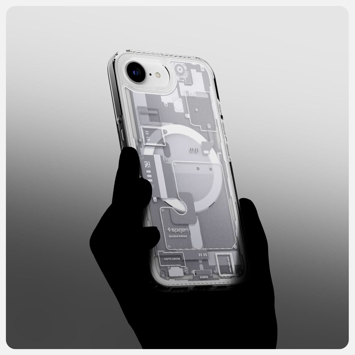 ACS09142 - iPhone 16e Case Ultra Hybrid Zero One (MagFit) in Zero One White showing the back, and partial side of the case with the device while being held by a person's hand