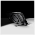 ACS09149 - iPhone 16e Case Ultra Hybrid S (MagFit) in Frost Black showing the back, partial side and bottom, propped up with the built-in kickstand
