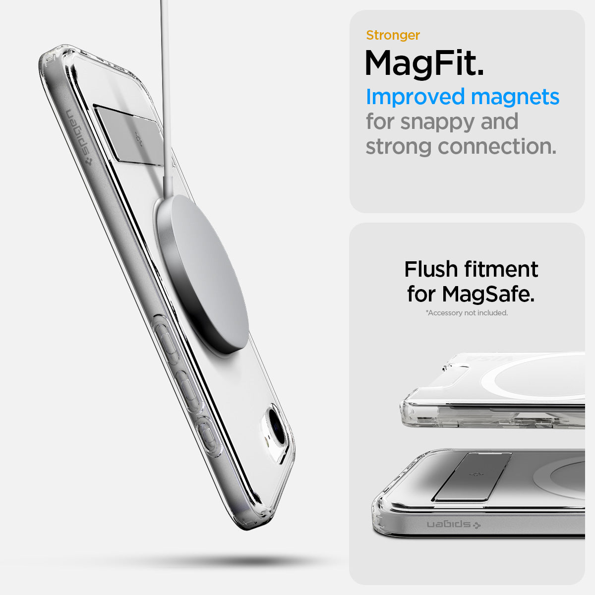 ACS09148 - iPhone 16e Case Ultra Hybrid S (MagFit) in Clear White showing the stronger MagFit. Improved magnets for snappy and strong connection. Flush fitment for MagSafe