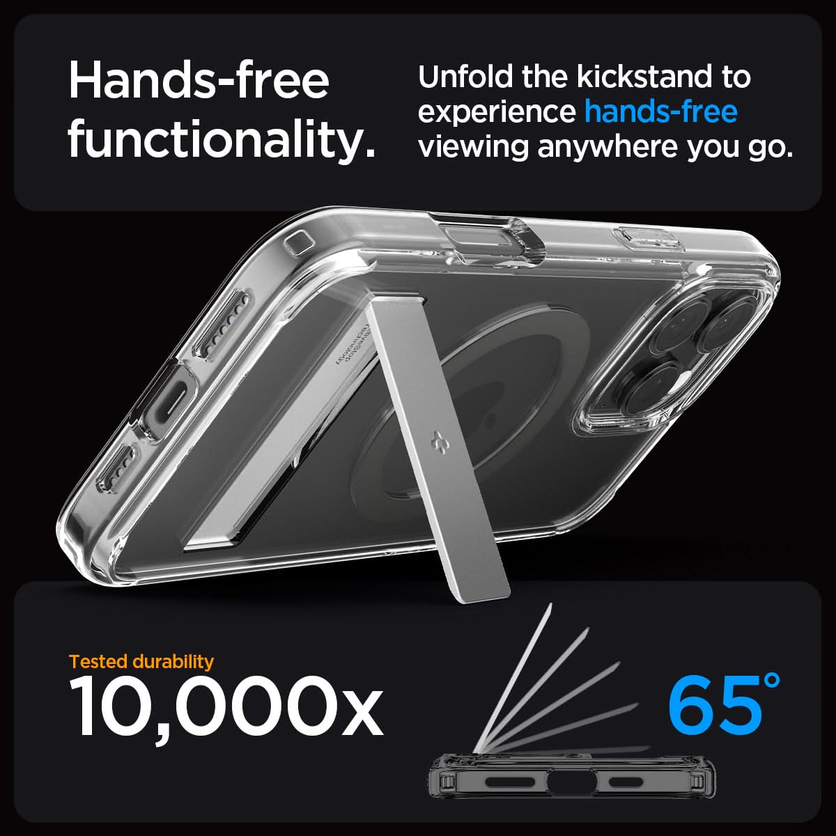 ACS08143 - iPhone 16 Pro Case Ultra Hybrid S (MagFit) in Graphite hands free functionality. Unfold the kickstand to experience hands free viewing anywhere you go. tested durability 10,000x 