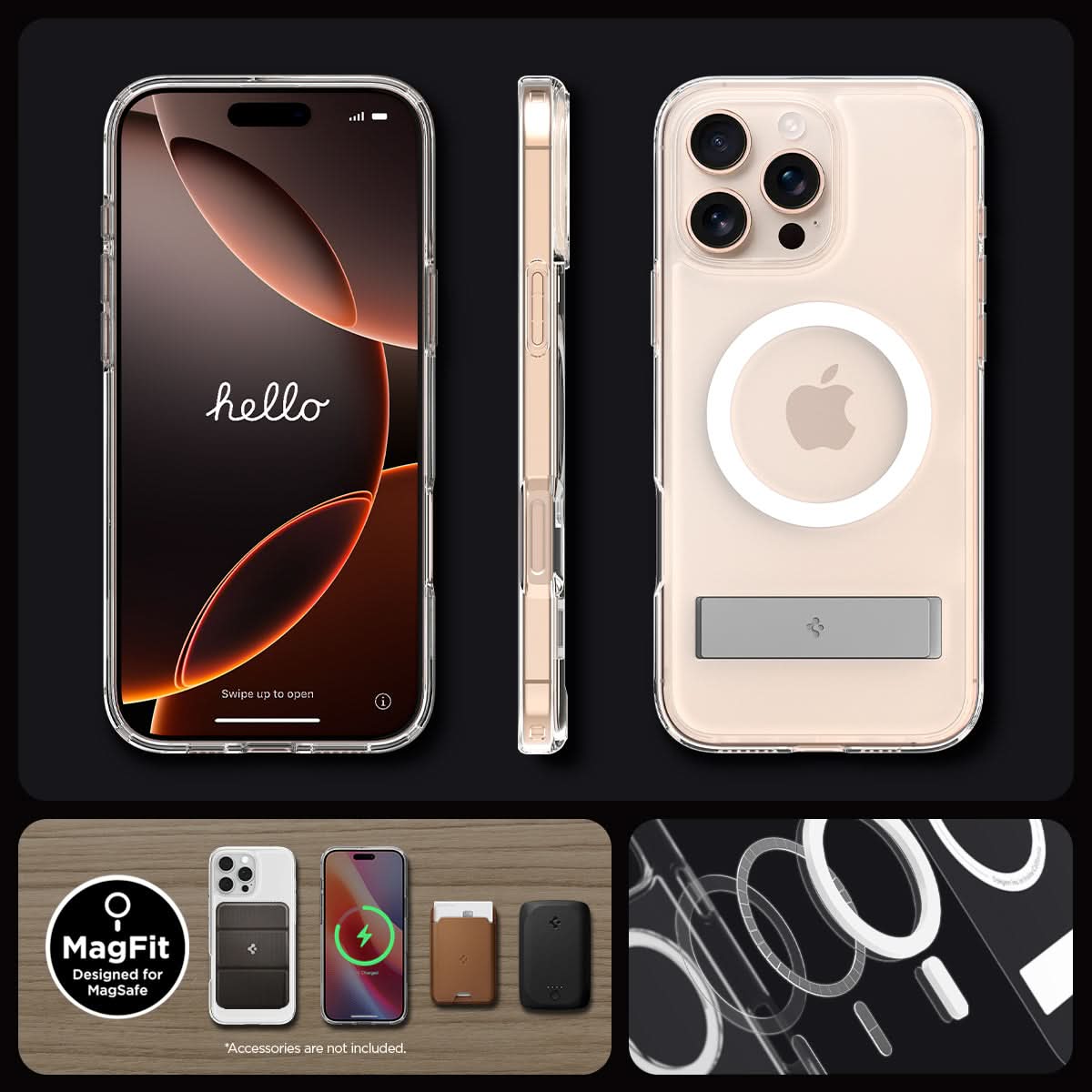 ACS08142 - iPhone 16 Pro Case Ultra Hybrid S (MagFit) in Crystal Clear showing front, side and back. 