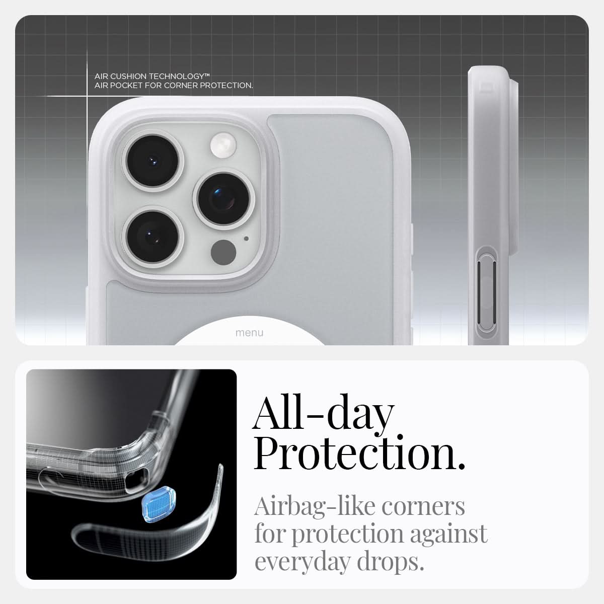 ACS08006 - iPhone 16 Pro Max Case Ultra Hybrid Classic (MagFit) in Classic Silver all day protection. Airbag like corners for protection against everyday drops.