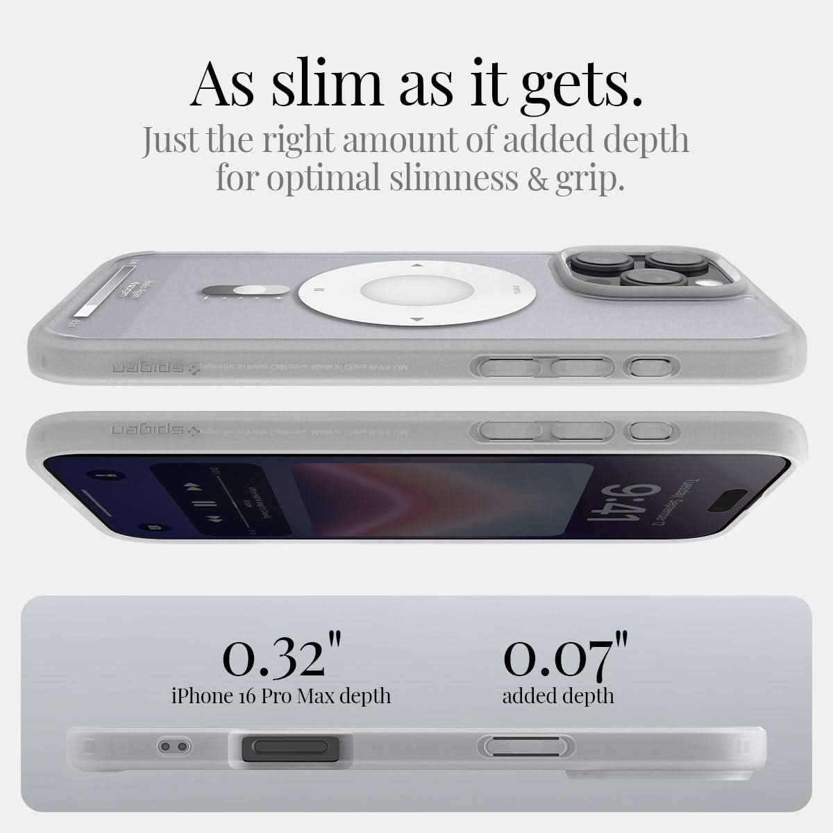 ACS08006 - iPhone 16 Pro Max Case Ultra Hybrid Classic (MagFit) in Classic Silver as alim as it gets. just the right amount of added depth for optimal slimness & grip. 0.32" iPhone 16 pr max depth. 0.07" added depth.