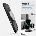 ACS09153 - iPhone 16e Case Enzo Aramid in Matte Black showing the Stronger MagFit. Improved magnets for snappy and strong connection