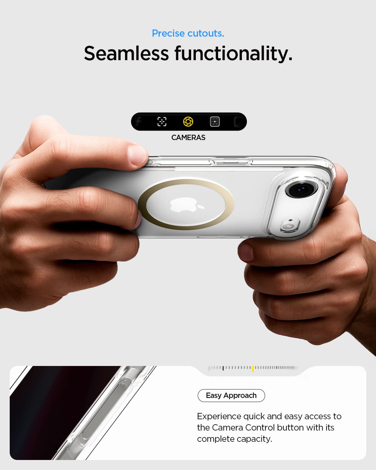ACS10053 - iPhone 17 Air Ultra Hybrid (MagFit) in Clear Gold showing precise cutouts. seamless functionality. easy approach. experience quick and easy access to the camera control button with its complete capacity.