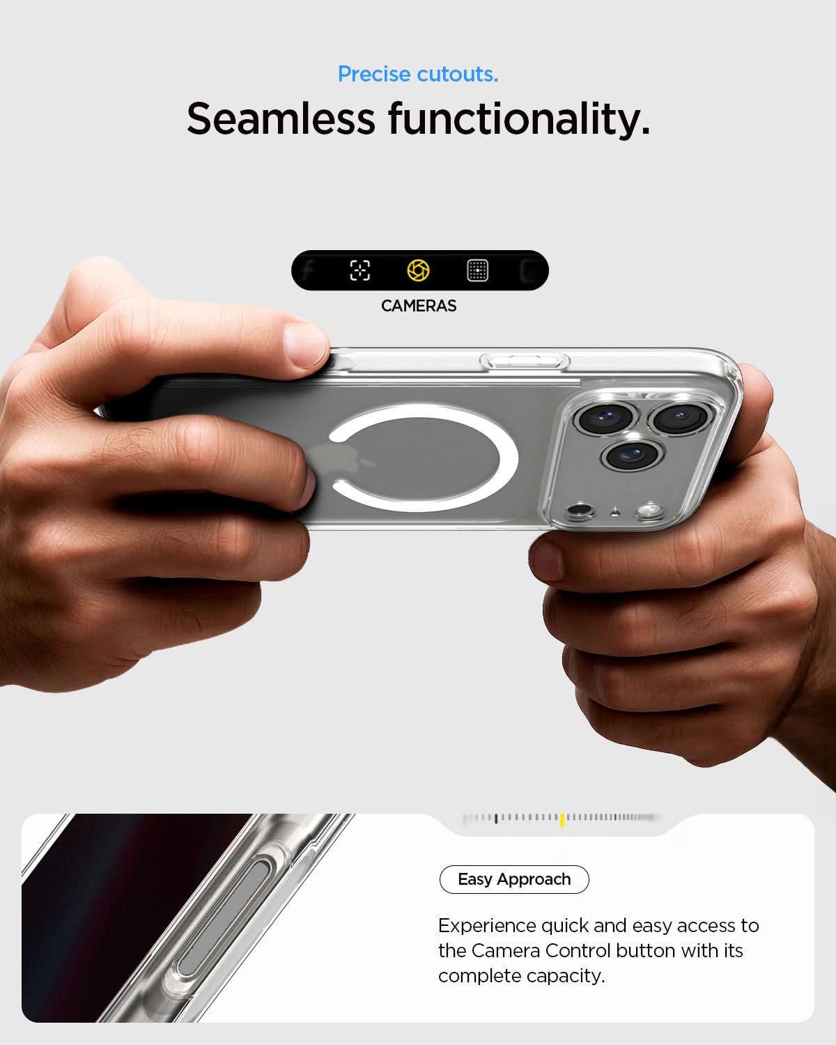 ACS10070 - iPhone 17 Pro Ultra Hybrid (MagFit) in Frost White showing precise cutouts. seamless functionality. easy approach. experience quick and easy access to the camera control button with its complete capacity.
