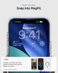 ACS10067 - iPhone 17 Pro Ultra Hybrid (MagFit) in Clear Graphite showing magfit compatible. snap into magfit. upgrade your daily carry with magfit to unlock more with the spigen ecosystem.