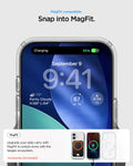 ACS10086 - iPhone 17 Ultra Hybrid (MagFit) in Frost White showing magfit compatible. snap into magfit. upgrade your daily carry with magfit to unlock more with the spigen ecosystem.