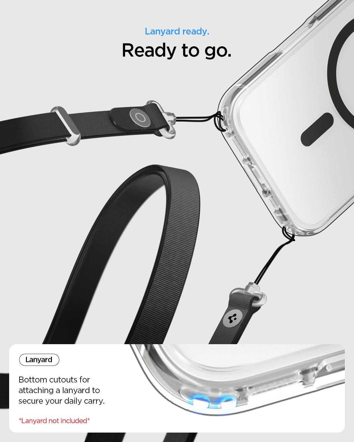 ACS10083 - iPhone 17 Ultra Hybrid (MagFit) in Clear Graphite showing  lanyard ready to go. bottom cutouts for attaching a lanyard to secure our daily carry