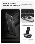 ACS09906 - iPhone 17 Pro Max Case Enzo Aramid T in black showing the born in aramid, crafted for strength. Only compatible with iphone 17 pro max