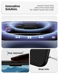 ACS09906 - iPhone 17 Pro Max Case Enzo Aramid T in black showing the innovative solution. Sound tunnel tech with a 1mm micro-hole for clearer sound, less noise