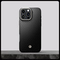 ACS08508 - iPhone 16 Pro Case Enzo Aramid in Black Natural showing whole case on the rock.