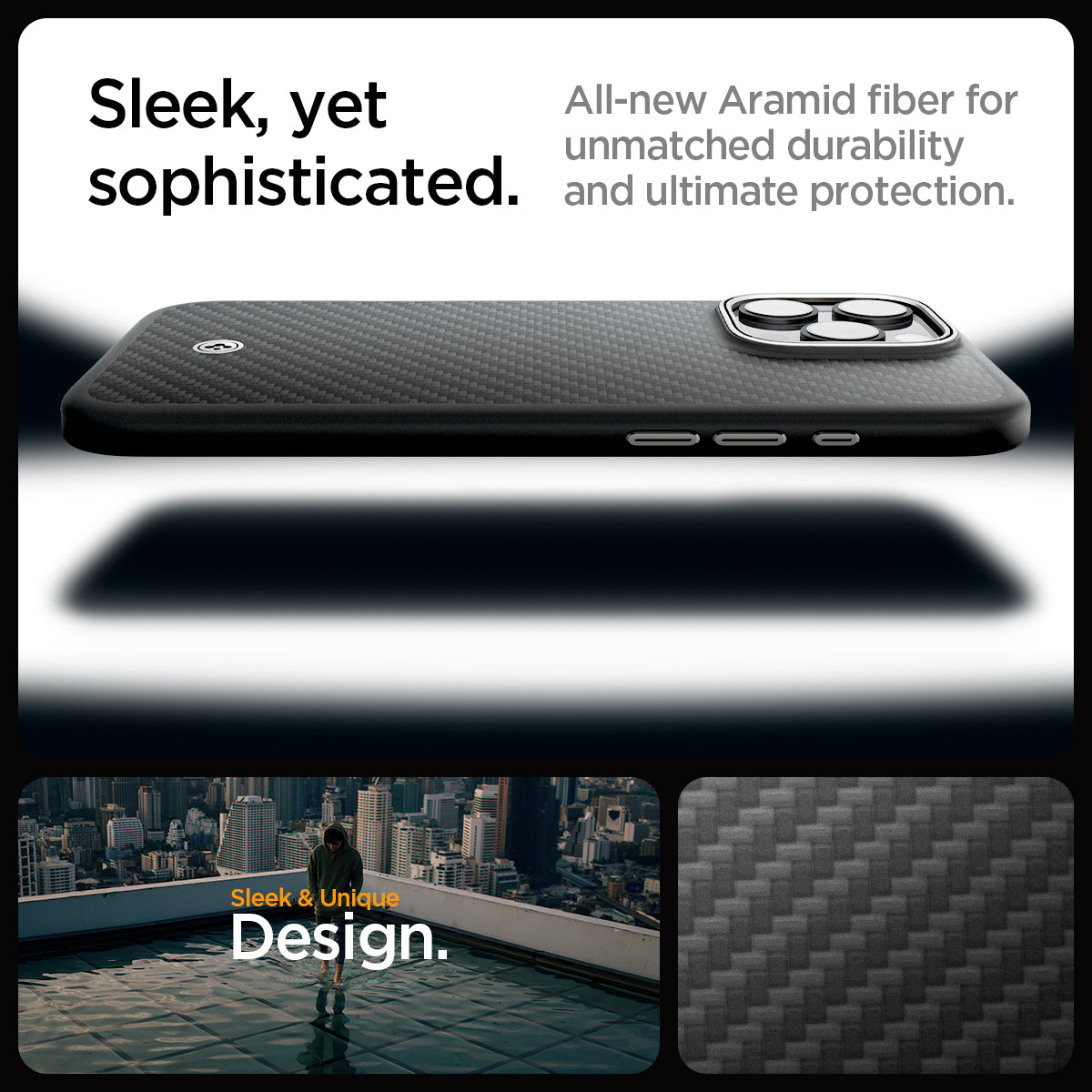 ACS08508 - iPhone 16 Pro Case Enzo Aramid in Black Natural  sleek, yet, sophisticated. All new aramid fiber for unmatched durability and ultimate protection.