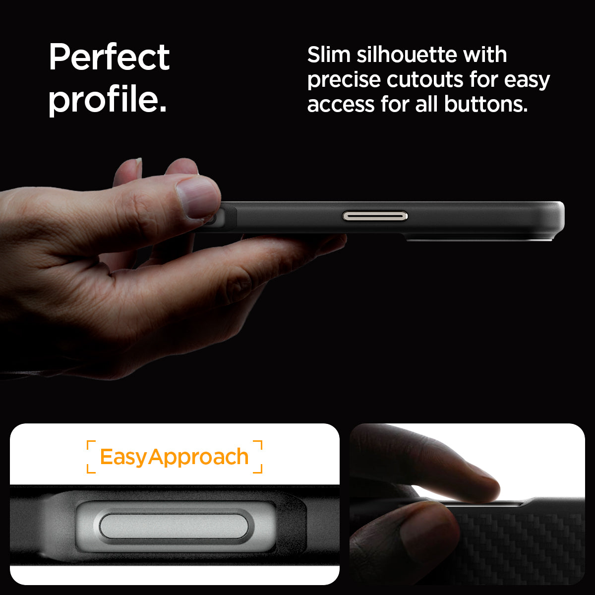 ACS08508 - iPhone 16 Pro Case Enzo Aramid in Black Natural  perfect profile. Slim silhouette with precise cutouts for easy access for all buttons.