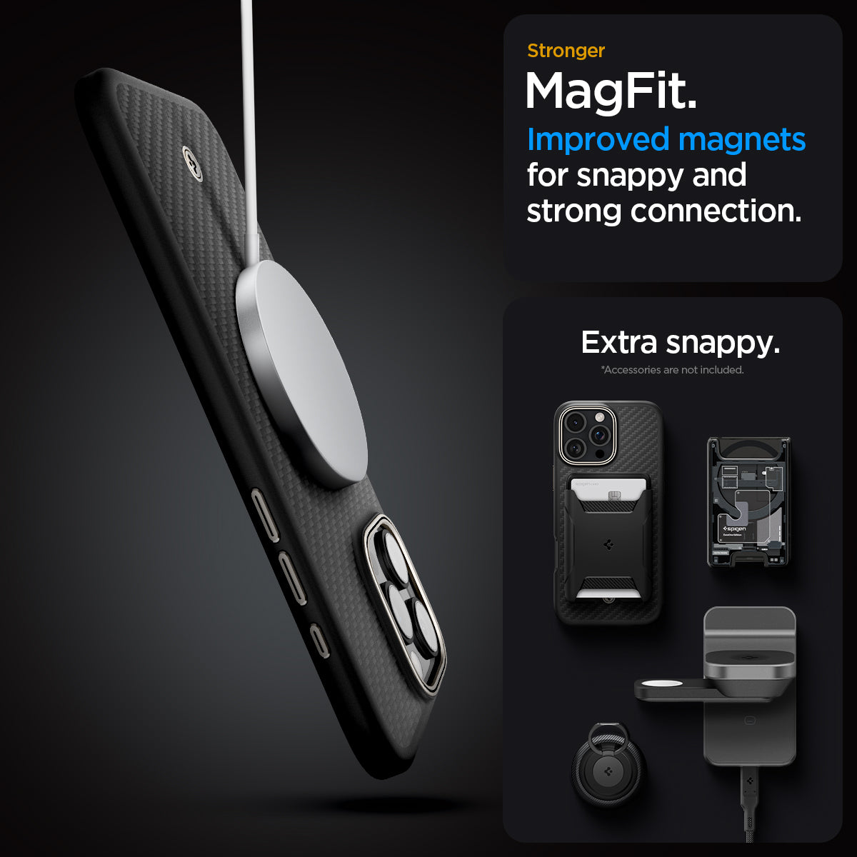 ACS08501 - iPhone 16 Pro Max Case Enzo Aramid in Black Natural stronger magfit improved magnets for snappy and strong connection. Extra snappy.