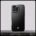 ACS08017 - iPhone 16 Pro Max Case Enzo Aramid in Black Silver showing whole case on the rock.