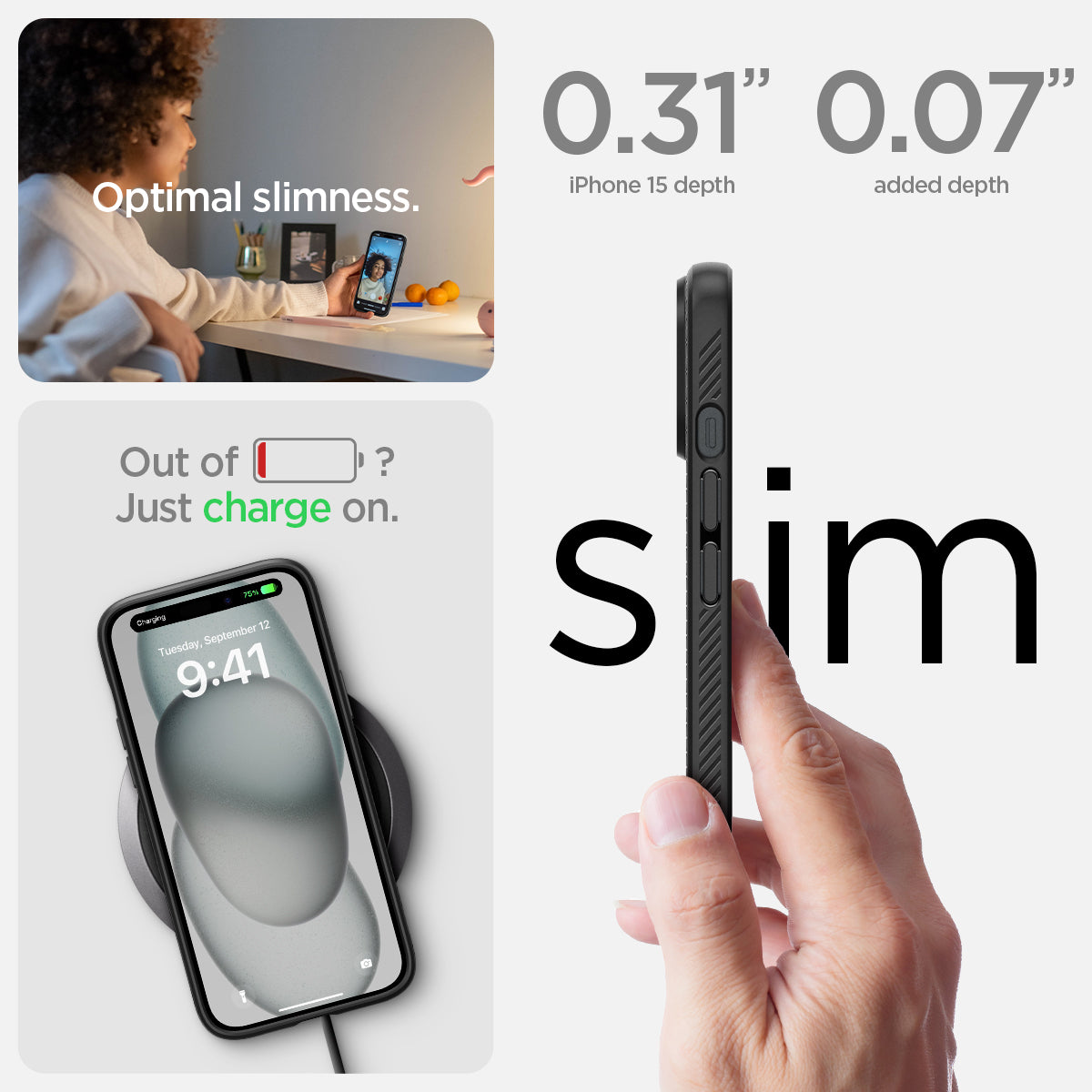 ACS06790 - iPhone 15 Case Liquid Air in black  the 0.31" iPhone 16 Plus depth. 0.06" added depth optimal slimness. out of battery? just charge on.