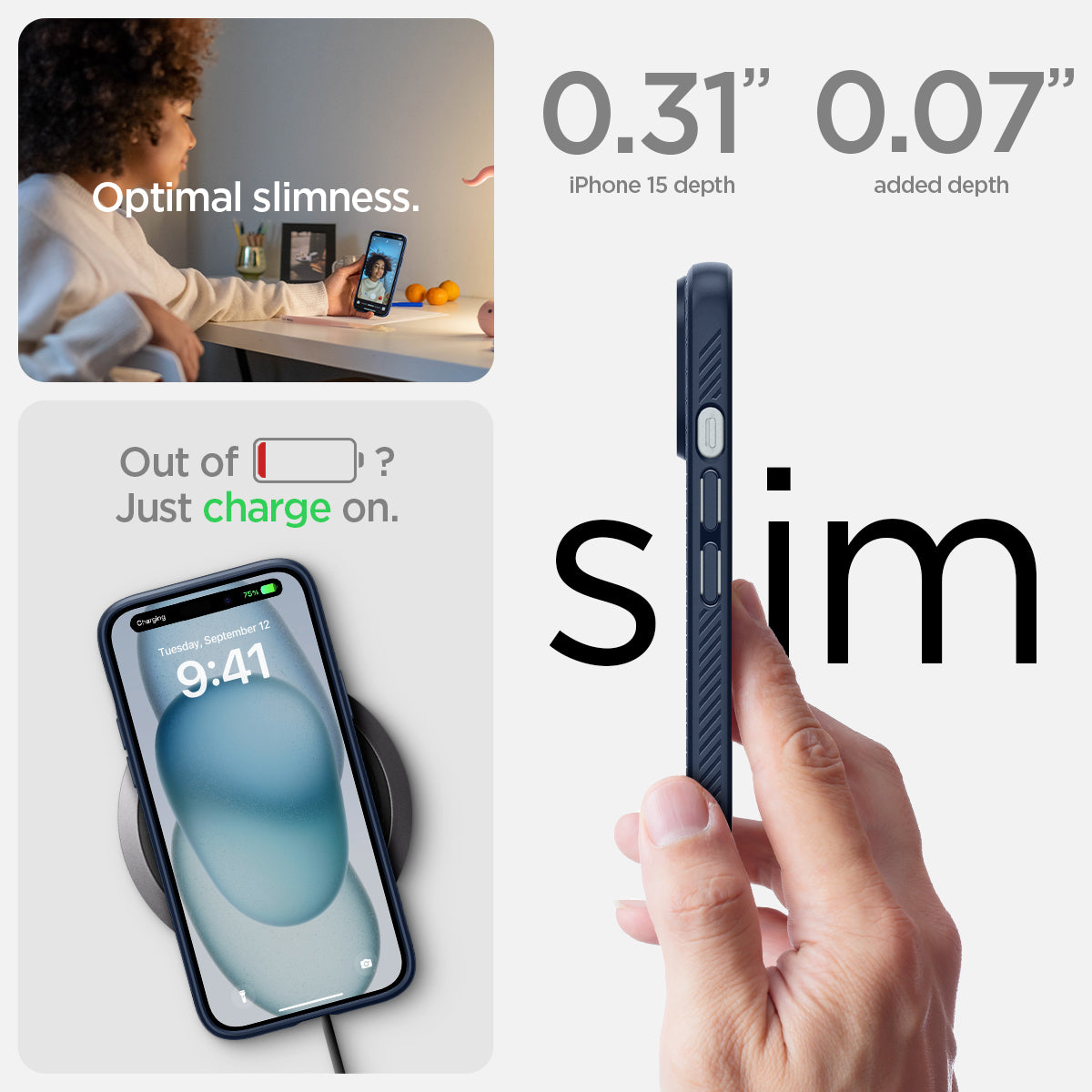 ACS06791 - iPhone 15 Case Liquid Air in navy blue  the 0.31" iPhone 16 Plus depth. 0.06" added depth optimal slimness. out of battery? just charge on.