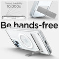 ACS06807 - iPhone 15 Case Ultra Hybrid S (MagFit) in crystal clear showing the tested durability, 10,000x with built-in kickstand for hands-free viewing