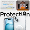 ACS06807 - iPhone 15 Case Ultra Hybrid S (MagFit) in crystal clear showing the raised lips help prevent surfaces scratches for camera and screen