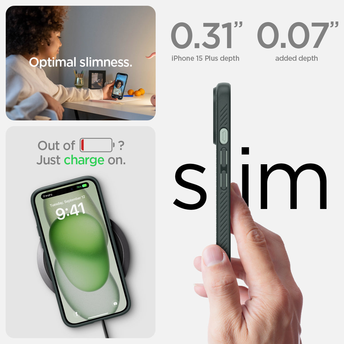 ACS06652 - iPhone 15 Plus Case Liquid Air in abyss green  the 0.31" iPhone 16 Plus depth. 0.06" added depth optimal slimness. out of battery? just charge on.