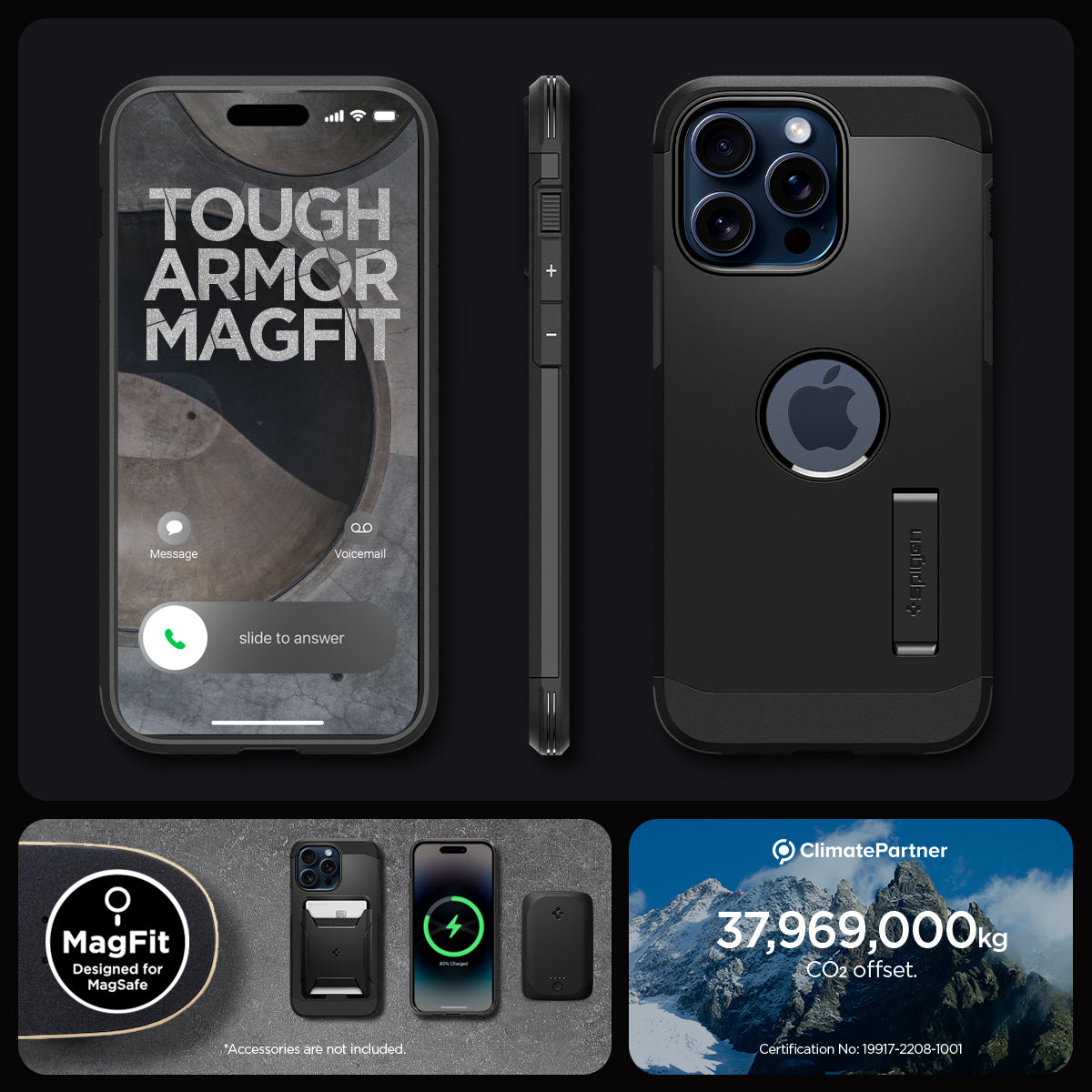 ACS06594 - iPhone 15 Pro Max Case Tough Armor (MagFit) in black tough armor magfit. designed for magsafe. 37,969,000kg CO2 offset.