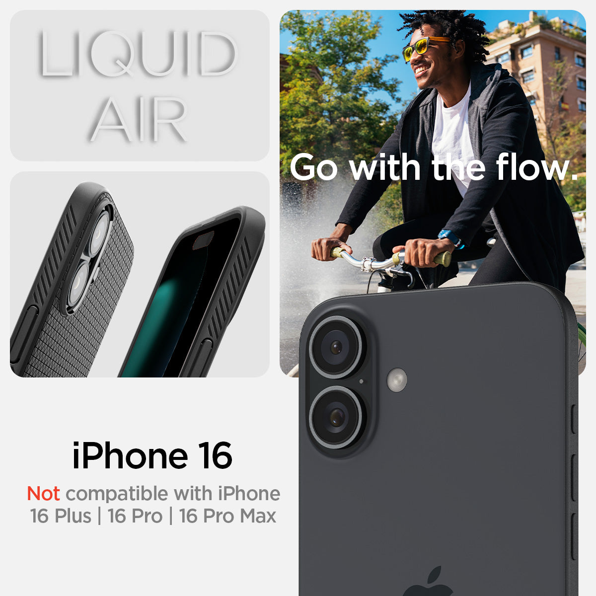 ACS08194 - iPhone 16 Case Liquid Air in Matte Black showing the compatibility only with iPhone 16. Not compatible with iPhone 16 Plus | 16 Pro | 16 Pro Max
