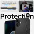 ACS08194 - iPhone 16 Case Liquid Air in Matte Black showing the raised edges prevent surface scratches on the camere and screen