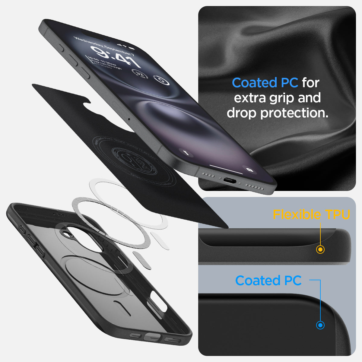 ACS08186 - iPhone 16 Case Thin Fit (MagFit) in Black coated PC for extra grip and drop protection
