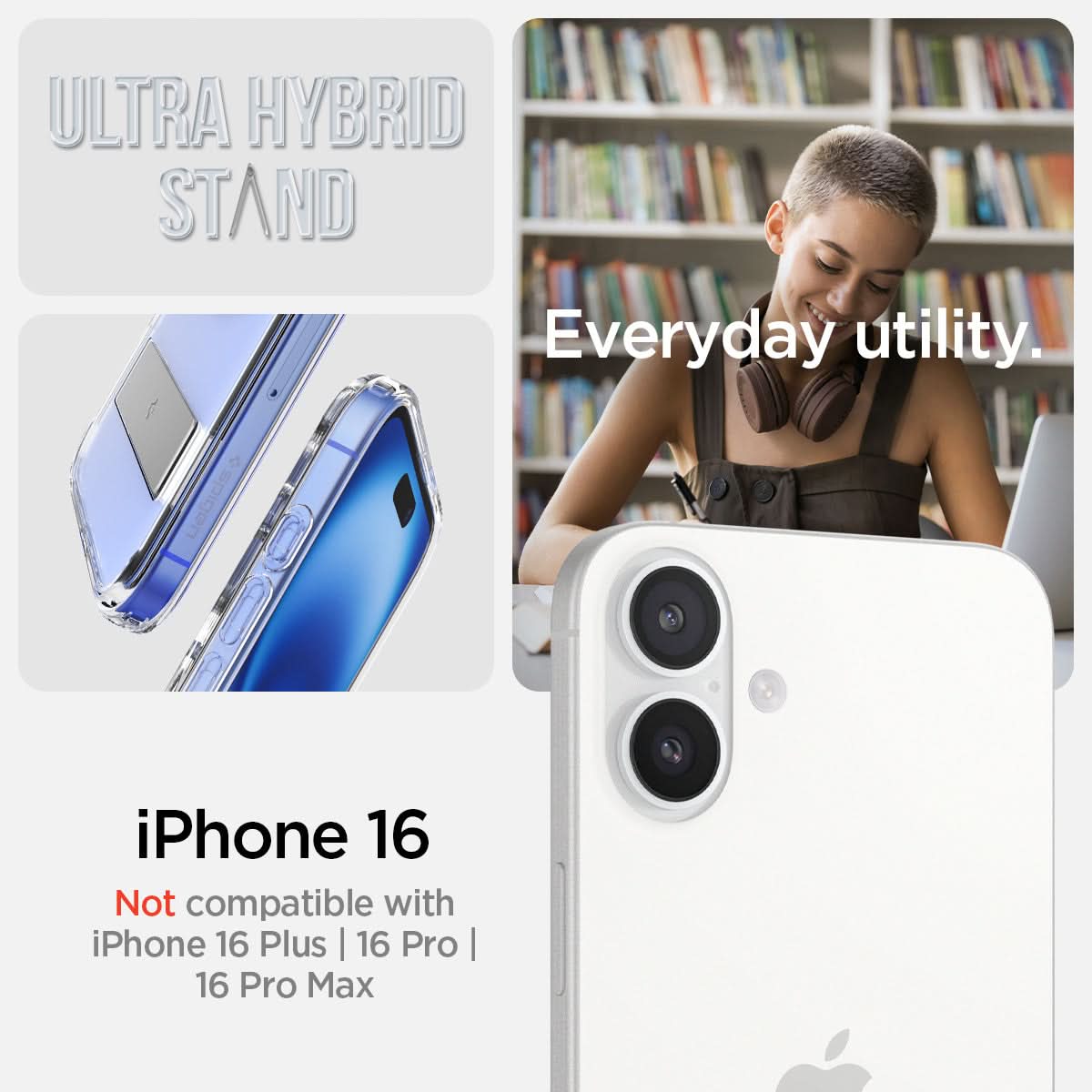 ACS08212 - iPhone 16 Case Ultra Hybrid S (MagFit) in Crystal Clear  ultra hybrid stand. iPhone 16 Plus. Not compatible with iPhone 16, 16pro, 16pro max. Everyday utility.