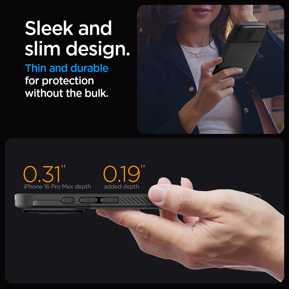 ACS08015 - iPhone 16 Pro Max Case Optik Armor (MagFit) in Black showing the sleek and slim design. Thin and durable for protection without the bulk. 0.31" iPhone 16 Pro Max depth | 0.19" added depth