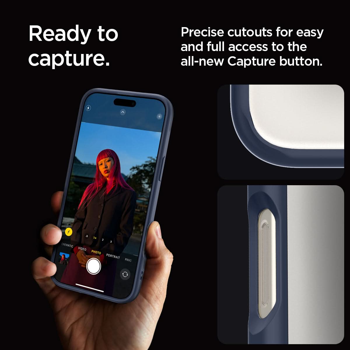 ACS08126 - iPhone 16 Pro Case Ultra Hybrid in Navy Blue  ready to capture. precise cutouts for easy and full access to the all new capture button.