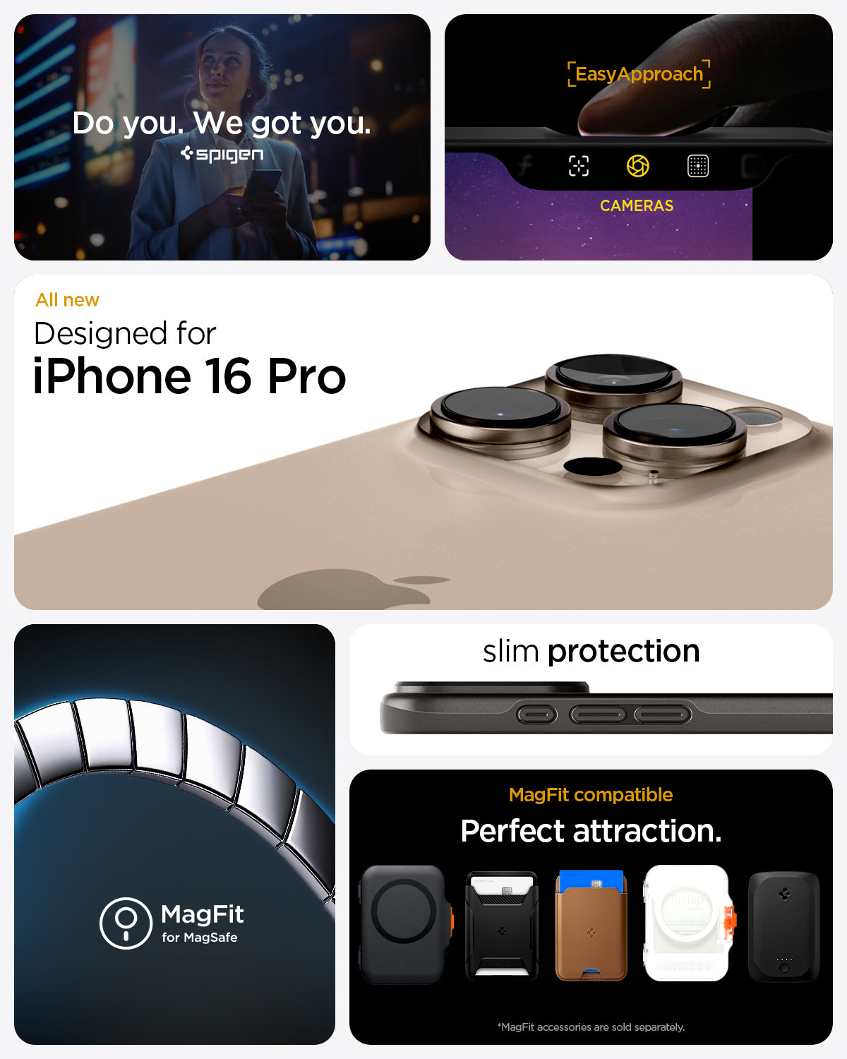 ACS08107 - iPhone 16 Pro Case Thin Fit (MagFit) in Gunmetal do you. we got you. spigen. All new designed for iPhone 16 Pro. Magfit for magsafe. slim protection. Magfit compatible perfect attraction.
