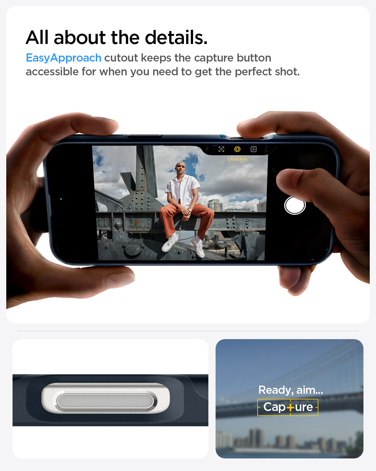 ACS07980 - iPhone 16 Pro Max Case Thin Fit (MagFit) in Metal Slate all about the details. easy approach cutout keeps the capture button accessible for when you need to get the perfect shot.