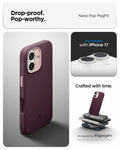 ACS09991 - iPhone 17 Nano Pop (MagFit) in Burgundy Bean showing the drop proof and pop worthy of case