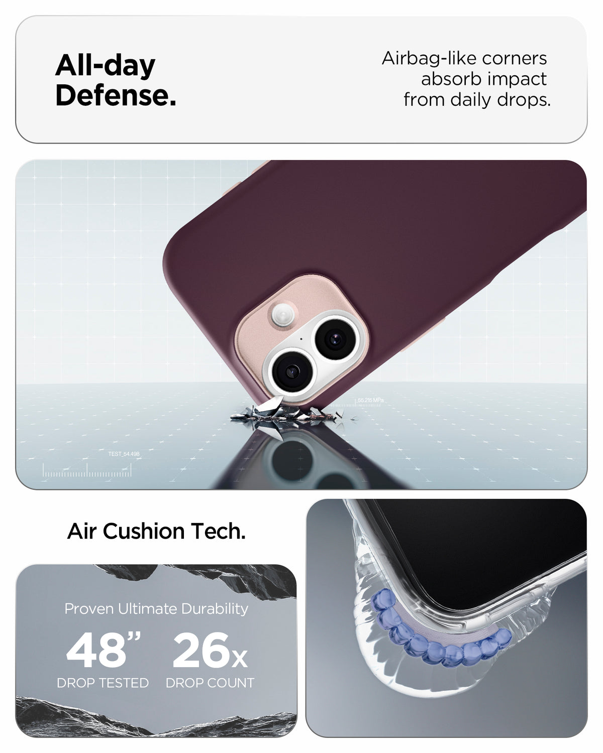 ACS09991 - iPhone 17 Nano Pop (MagFit) in Burgundy Bean showing the all day defense with airbag like corners that absorb impact from daily drops