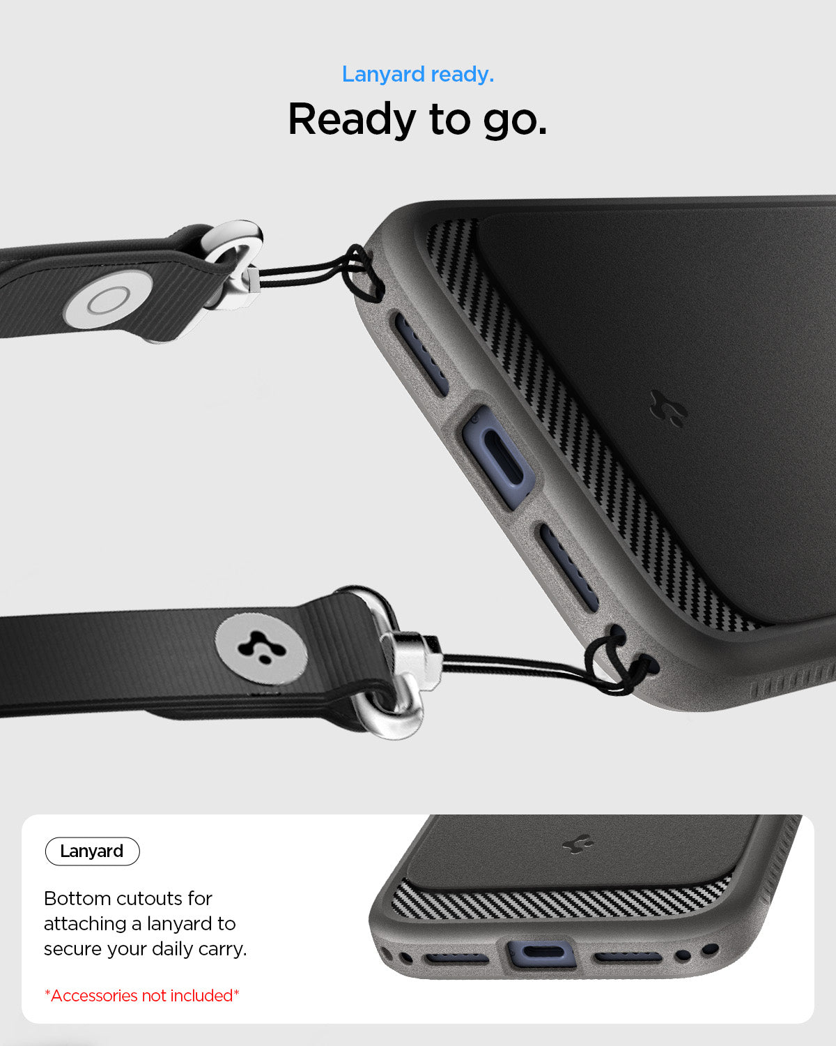 ACS09887 - iPhone 17 Pro Max Rugged Armor (MagFit) in Gray showing lanyard ready. ready to go