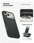 ACS09903 - iPhone 17 Pro Max Silicone Fit (MagFit) Case in green showing smooth to the touch. designed by spigen.