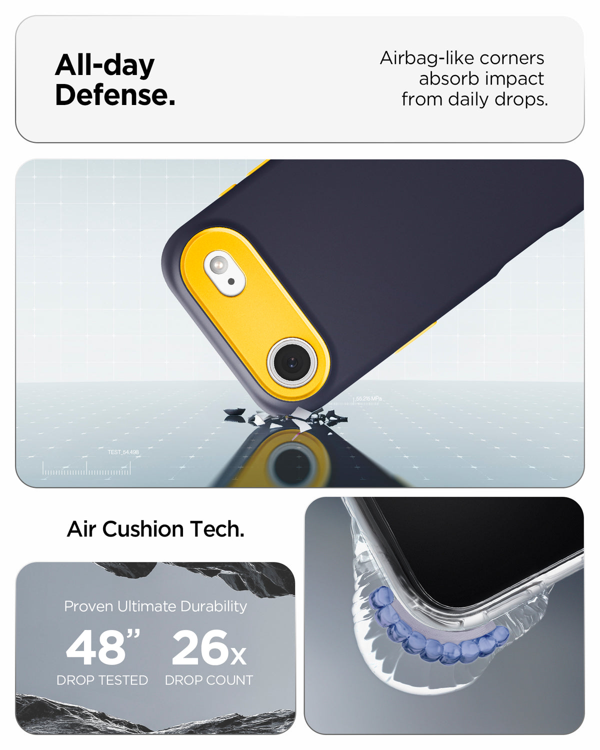 ACS09931 - iPhone 17 Air Case Nano Pop (MagFit) in blueberry navy showing the all day defense with airbag like corners that absorb impact from daily drops